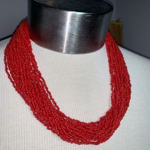 Red seed bead multistrand crochet necklace